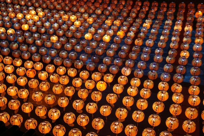 a large group of pumpkins that are lit up, by Andreas Gursky, flickr, sōsaku hanga, chinese temple, 256x256, tea drinking and paper lanterns, lots of sunlight