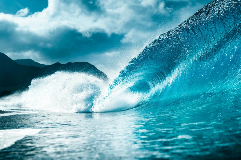 a large wave in the middle of a body of water, pexels contest winner, bright blue future, youtube thumbnail, clean line, water particle in front