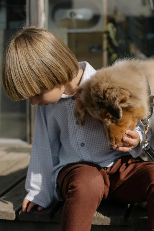 a little boy sitting on a bench with a dog, by Emma Andijewska, trending on unsplash, renaissance, brown fluffy hair, holding a white fluffy kitten, collar and leash, australian