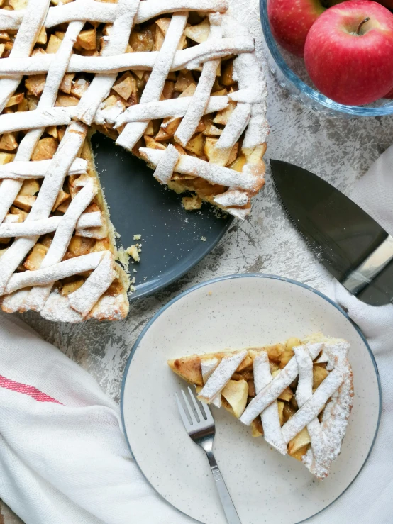 a pie sitting on top of a plate next to a bowl of apples, inspired by Rudolf von Alt, shutterstock contest winner, weave, square, alessio albi, highly detailed in 4 k ”