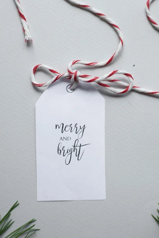 a christmas gift tag hanging from a christmas tree, inspired by Henry Bright, light and space, caligraphy, on grey background, fresh from the printer, candy canes