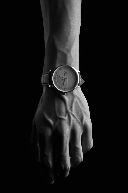 a close up of a person's hand with a watch, inspired by Robert Mapplethorpe, monochrome 3 d model, singularity sculpted �ー etsy, dark matte metal, casual photography