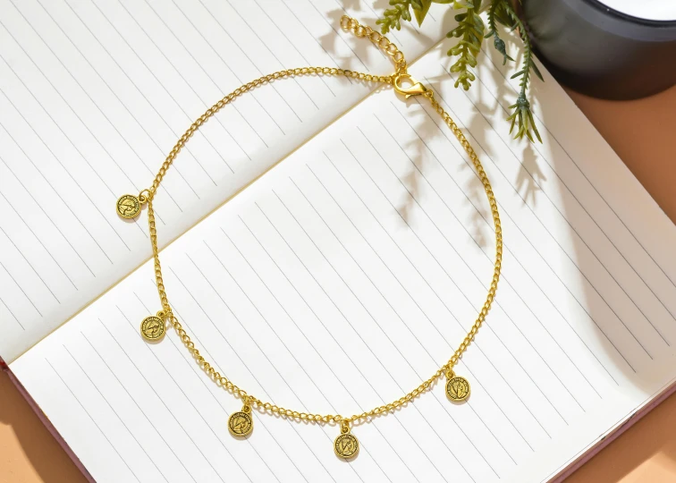 a gold bracelet sitting on top of a notebook, happy faces, wearing gold detailed choker, scattered gold coins, thumbnail