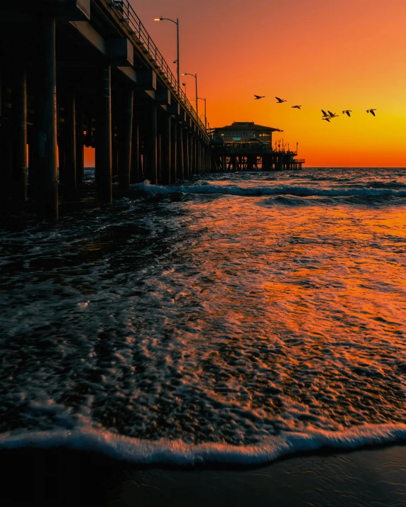 a pier at sunset with a flock of birds flying over the water, pexels contest winner, los angelos, album cover, beaches, 90s photo