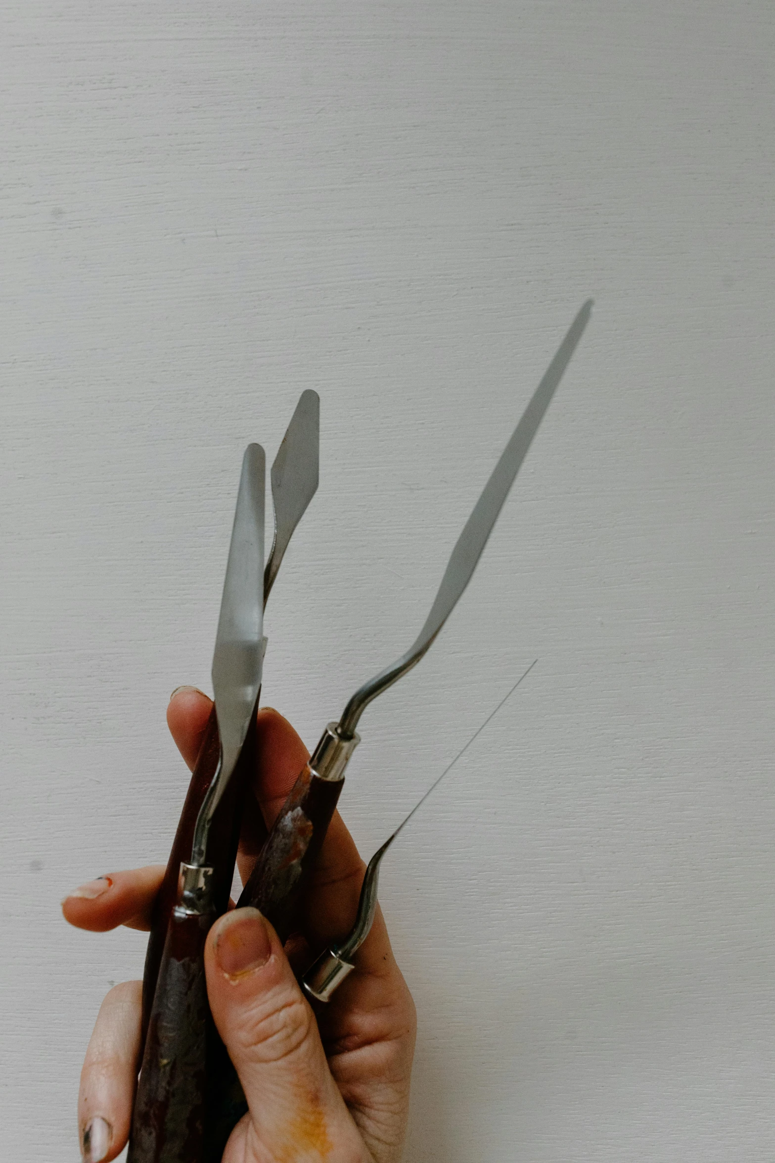 a person holding a pair of knives in their hand, a photorealistic painting, by Jane Freeman, pexels, hyperrealism, surgical equipment, on a pale background, hyperrealistic n- 4, arcs