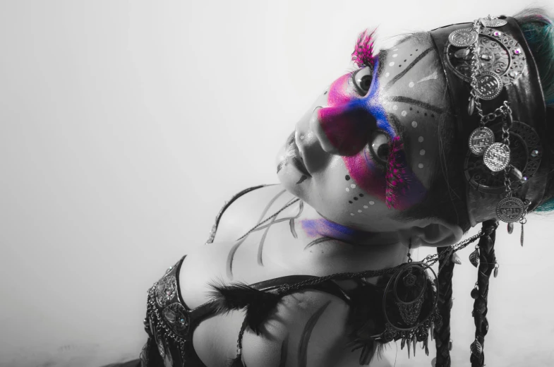 a black and white photo of a woman with colorful makeup, inspired by Bernd Fasching, pexels contest winner, warrior girl, black white pink, artdoll, dirty colours