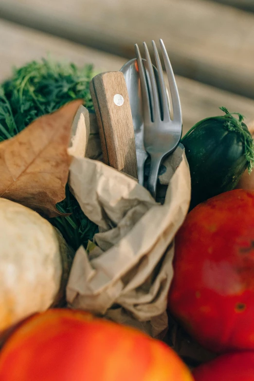 a wooden table topped with lots of different types of vegetables, by Adam Marczyński, unsplash, fork fork, cardboard, silver, close up image