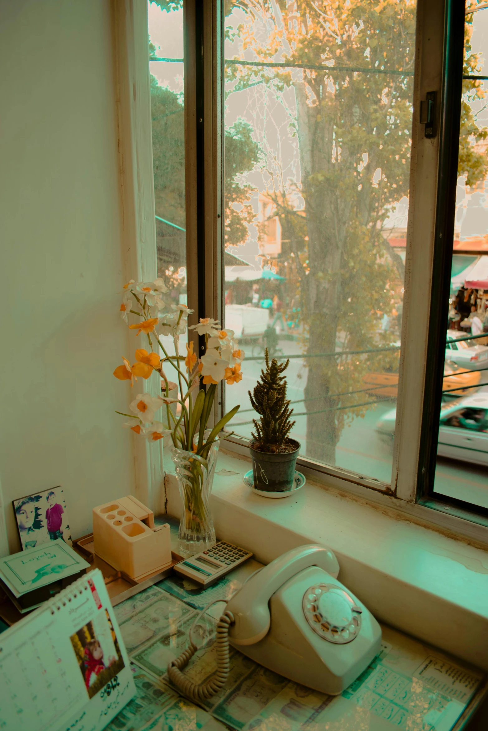 a phone sitting on top of a desk next to a window, inspired by Elsa Bleda, flower shop scene, low quality photo, very aesthetic!!!!!!, looking left
