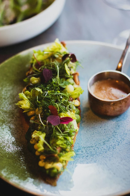 a close up of a plate of food on a table, inspired by Richmond Barthé, unsplash, potato skin, fancy dressing, green, chilean