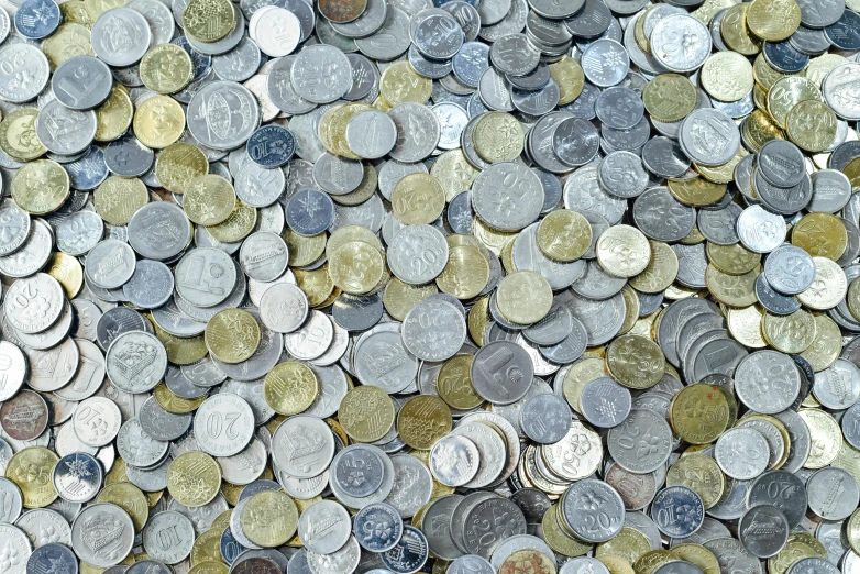 a pile of coins sitting on top of a table, plastic texture, illustration »