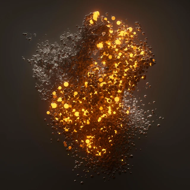 a bunch of bubbles floating on top of each other, Artstation, generative art, burning fire embers, unreal engine 5 render 16k, large electrical gold sparks, pbr materials