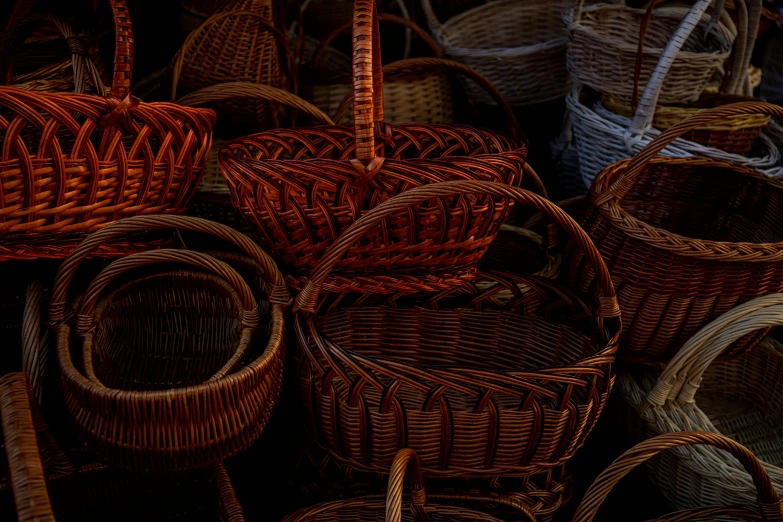 a pile of wicker baskets sitting next to each other, by Adam Marczyński, pexels contest winner, arts and crafts movement, dark, square, 000 — википедия, gradient brown to red