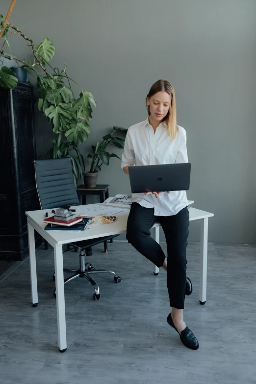 a woman sitting at a desk using a laptop computer, by Alice Mason, pexels contest winner, standing on two legs, maxim shirkov, ceo, anastasia ovchinnikova