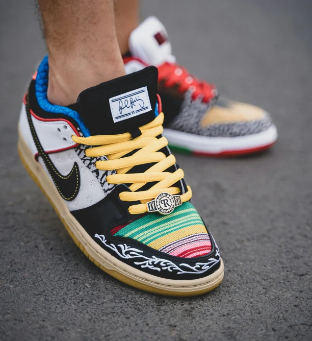 a pair of shoes with colorful laces on them, a portrait, inspired by Ric Estrada, unsplash, toyism, shot of a highly detailed, blunt borders, @ cronobreak on twitter. com, close up half body shot