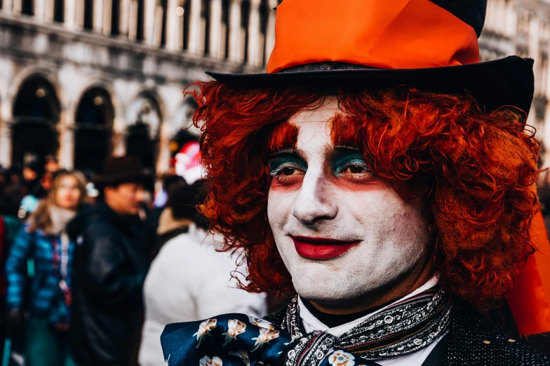 a man with red hair wearing a top hat, pexels contest winner, renaissance, wearing accurate clown makeup, italy, square, 🦩🪐🐞👩🏻🦳