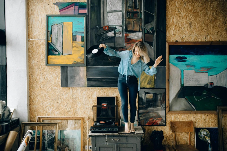 a woman standing on top of a dresser in a room, by Julia Pishtar, pexels contest winner, arbeitsrat für kunst, architectural painting, jumping at the viewer, various artworks, 15081959 21121991 01012000 4k