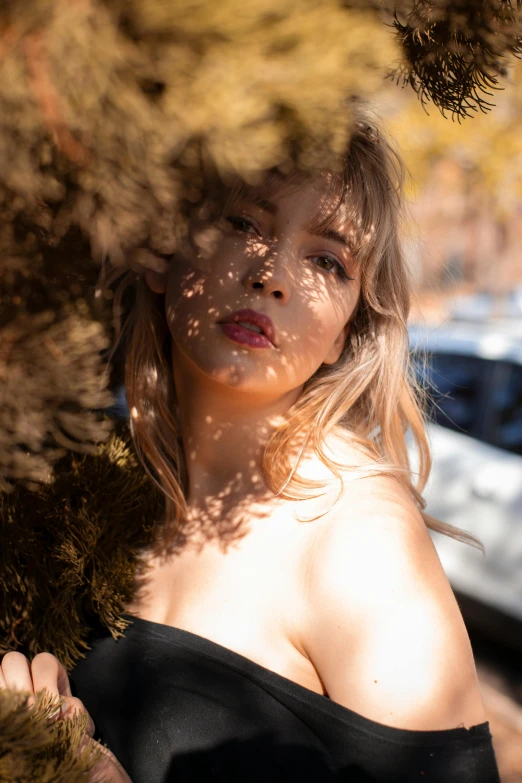 a woman in a black dress standing next to a tree, an album cover, inspired by Elsa Bleda, unsplash, sydney sweeney, soft shadows on the face, close up portrait photo, color photograph portrait 4k