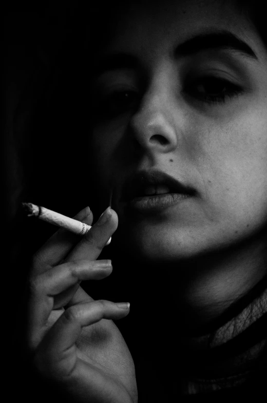 a woman smoking a cigarette in the dark, a black and white photo, inspired by Louis Faurer, flickr, hyperrealism, ((portrait)), leonid, pose 4 of 1 6, lo-fi
