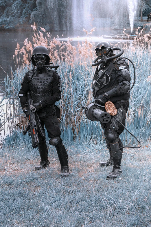 a couple of people that are standing in the grass, reddit, conceptual art, wearing tactical gear, underwater combat scene, military industrial complex, taken in the early 2020s