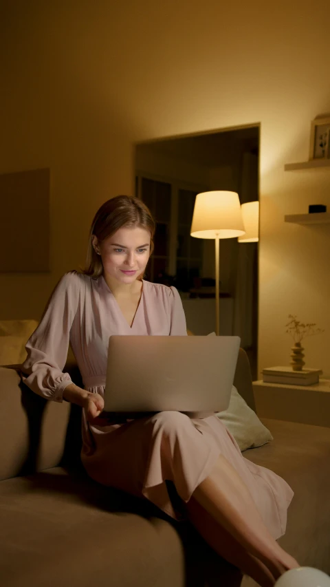 a woman sitting on a couch using a laptop, shutterstock, renaissance, night light, beige, interior lighting, connectivity