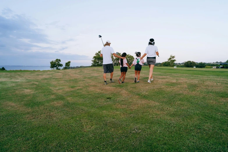 a group of people standing on top of a lush green field, wrx golf, avatar image, walking away from camera, families playing