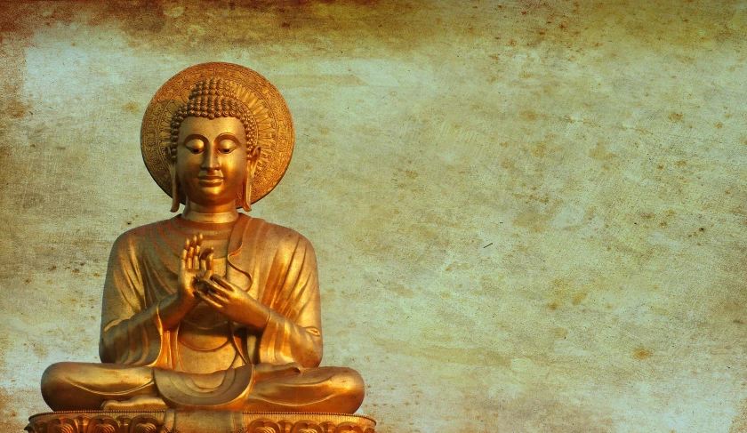 a golden buddha statue sitting on top of a table, trending on pixabay, minimalism, ancient india, header text”, highly textured, thumbnail