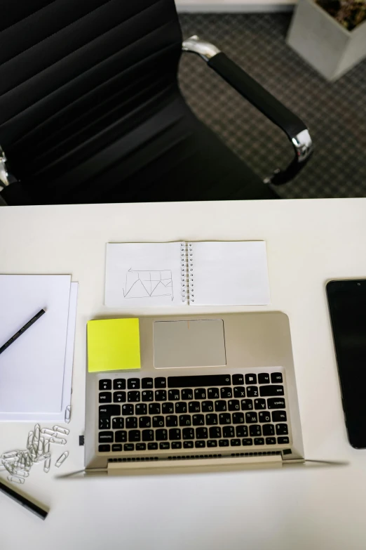 a laptop computer sitting on top of a white desk, with notes, sitting at a desk, 9 9 designs, no people