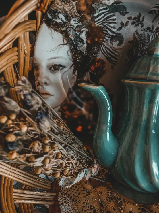a tea pot sitting on top of a wicker basket, a surrealist sculpture, inspired by Elsa Bleda, pexels contest winner, with wild hair and haunted eyes, avatar image, dried herbs, profile image