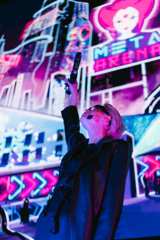 a woman holding a cell phone up in the air, cyberpunk art, pexels contest winner, interactive art, laser gun, annie leonhart in a neon city, at a rave, digital sunglasses