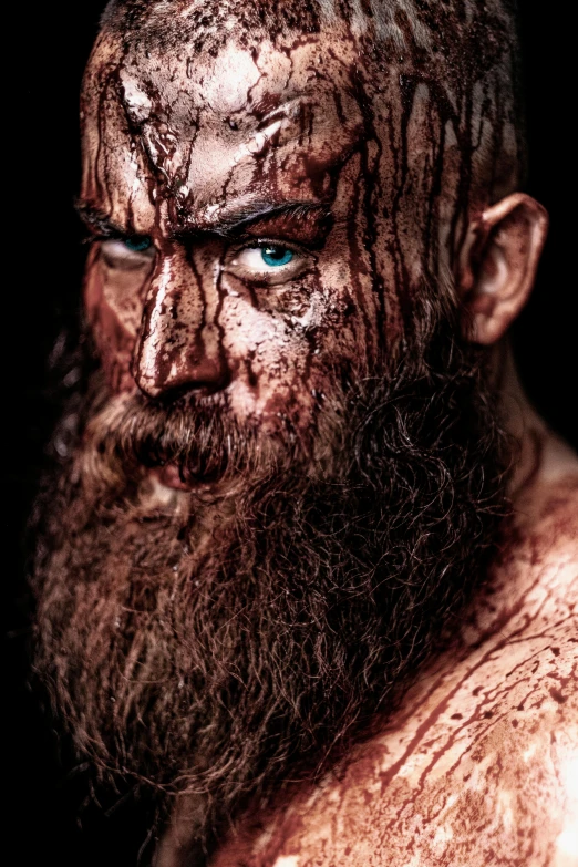 a close up of a man with a beard, an album cover, featured on zbrush central, prosthetic makeup, muscle body with battle scars, instagram photo, viking culture