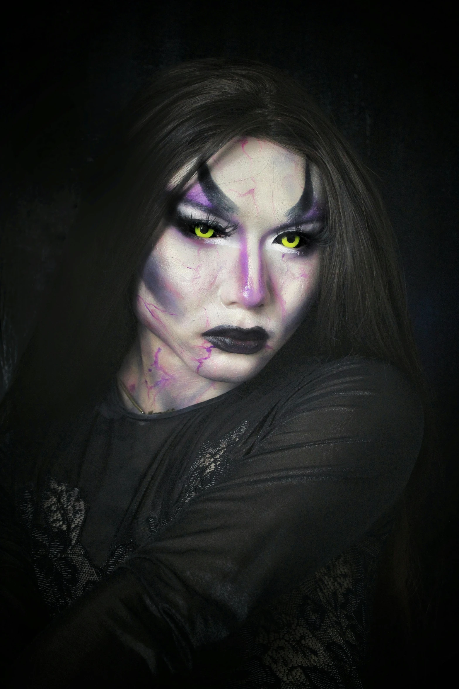 a close up of a person with makeup on, inspired by Daarken, trending on deviantart, gothic art, threatening pose, witchy clothing, evil glow, castlevania witch