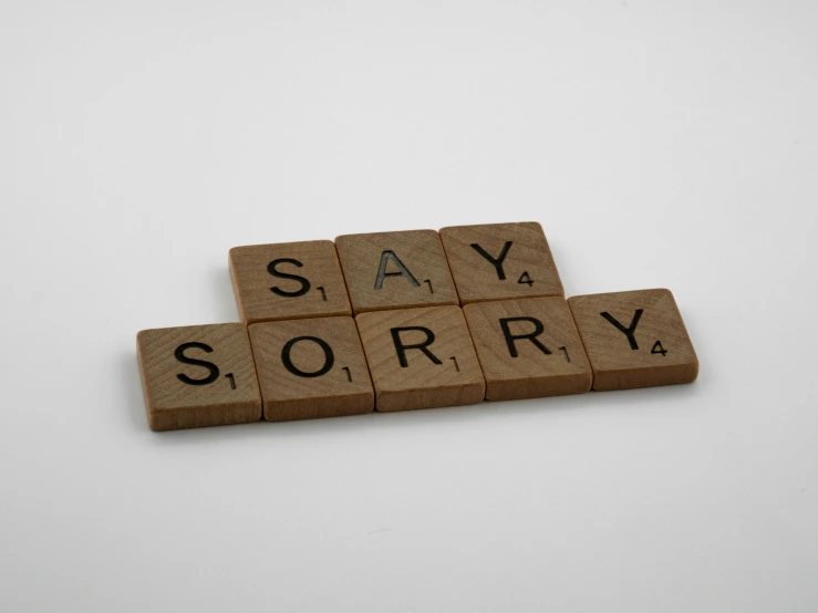 a scrabble that says say sorry, a picture, pixabay, on grey background, hand carved brown resin, bespoke, no speech bubbles