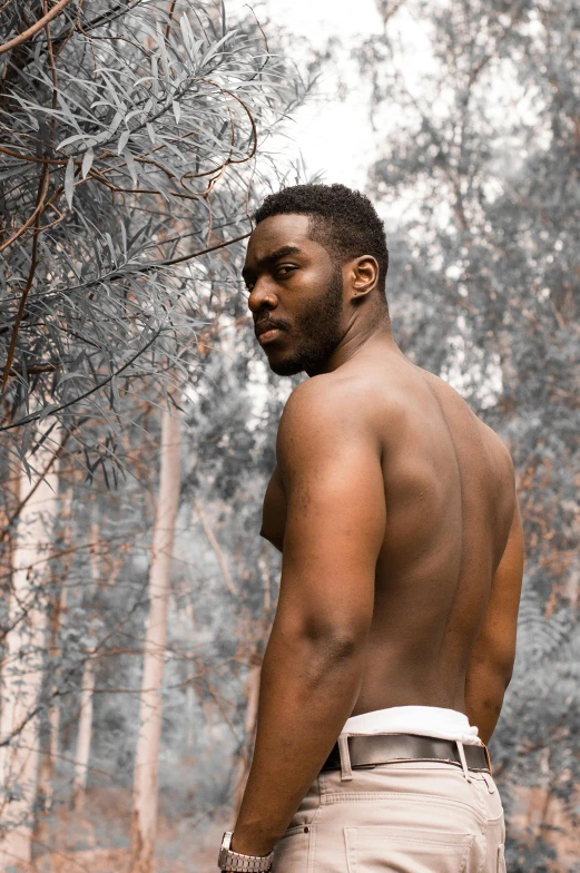 a man standing in the middle of a forest, an album cover, by Jessie Alexandra Dick, trending on unsplash, renaissance, wearing white leotard, kevin hart, seen from the back, wearing a towel