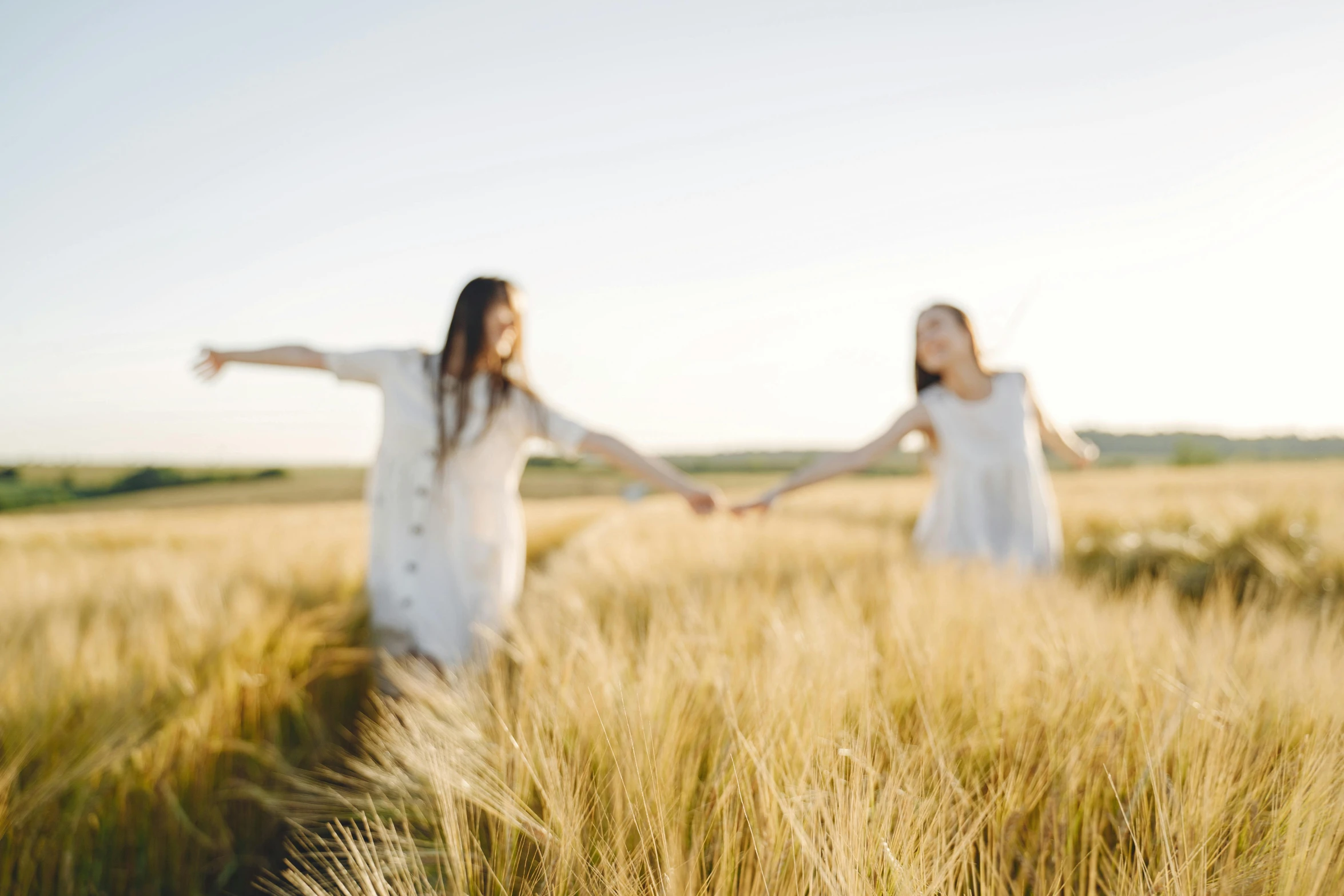 two women standing in a wheat field holding hands, trending on pexels, avatar image, white, soft light, animation