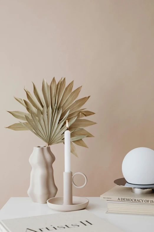 a white vase sitting on top of a table next to a stack of books, holding a candle holder, palm, minimal pink palette, architectural and tom leaves