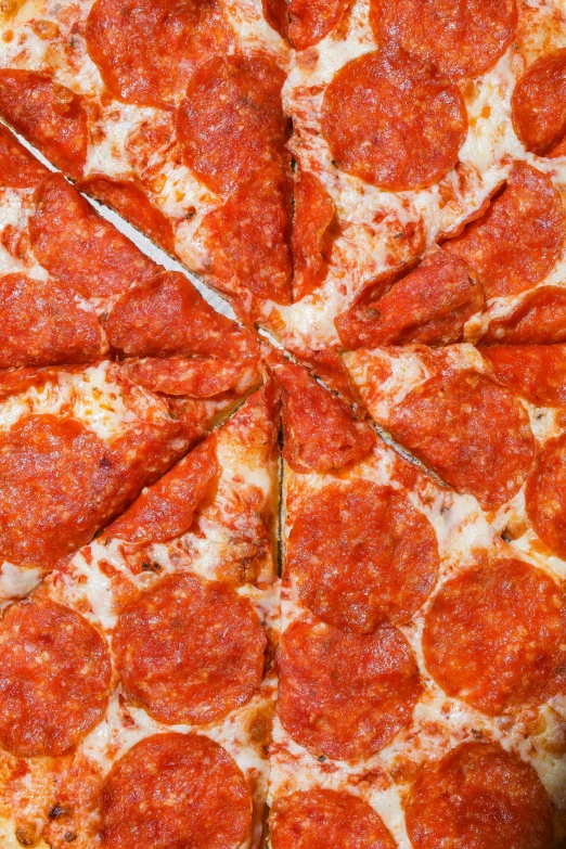 a pepperoni pizza cut into eight slices, by Robbie Trevino, gigantic size, middle close up, 1 6 x 1 6, full