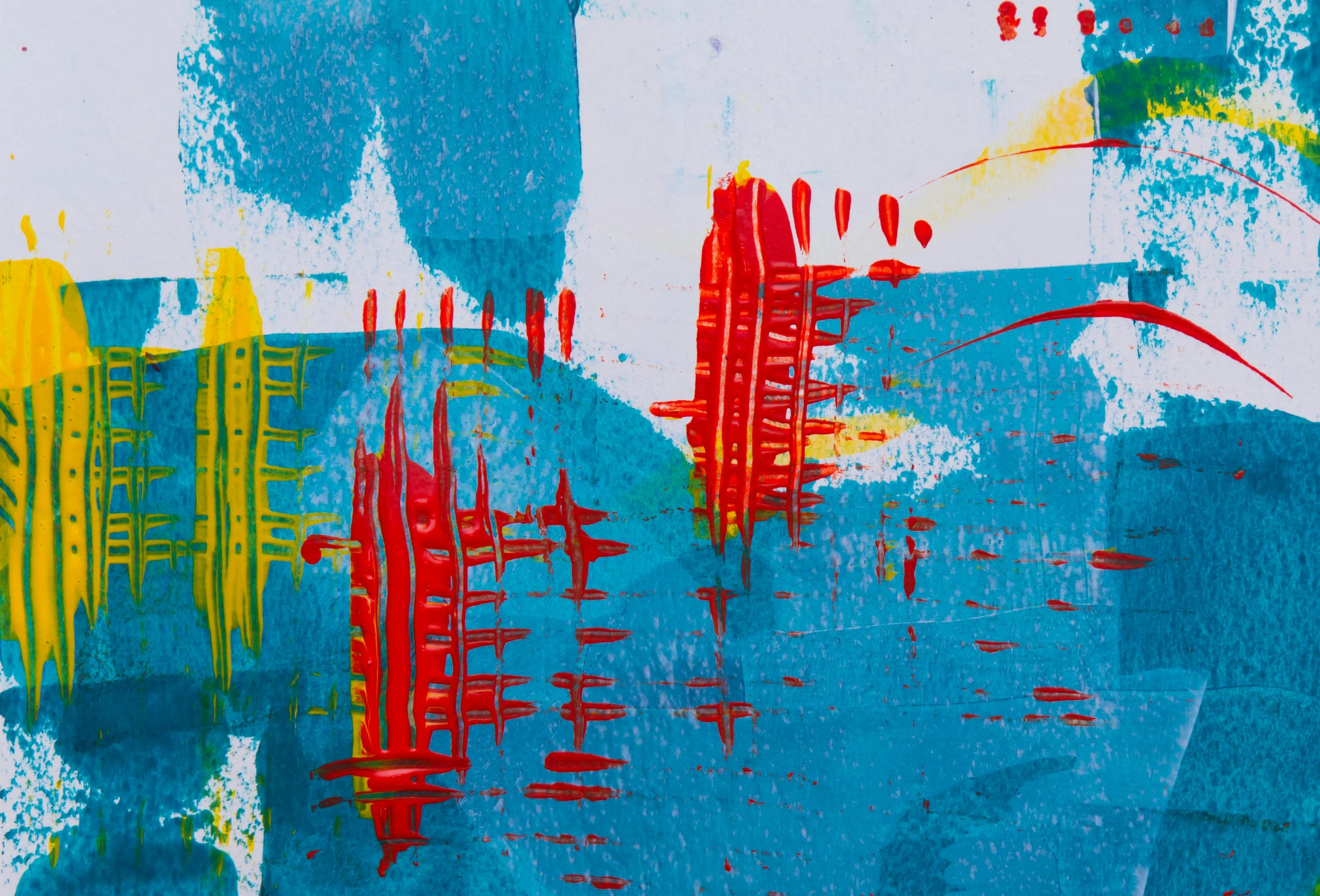 a close up of a painting on a wall, inspired by John Hoyland, pexels, abstract expressionism, boats in the water, red and cyan ink, cityscape, risoprint