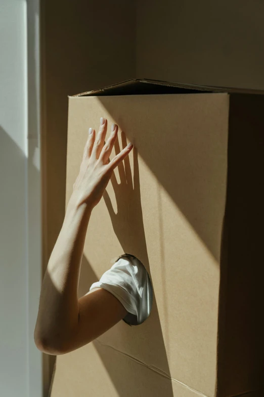 a woman standing in front of a cardboard box, inspired by Elsa Bleda, pexels contest winner, conceptual art, sunlight filtering through skin, shows a leg, hands reaching for her, sustainable materials