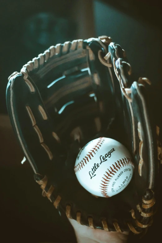 a close up of a baseball in a glove, inspired by Master of the Bambino Vispo, unsplash contest winner, center of image, let's play, little, with a soft