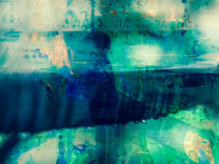 a close up of a painting on a wall, an album cover, by Bernard Meninsky, deviantart, lyrical abstraction, blue and green water, multiexposure, blue submarine no 6, walking down