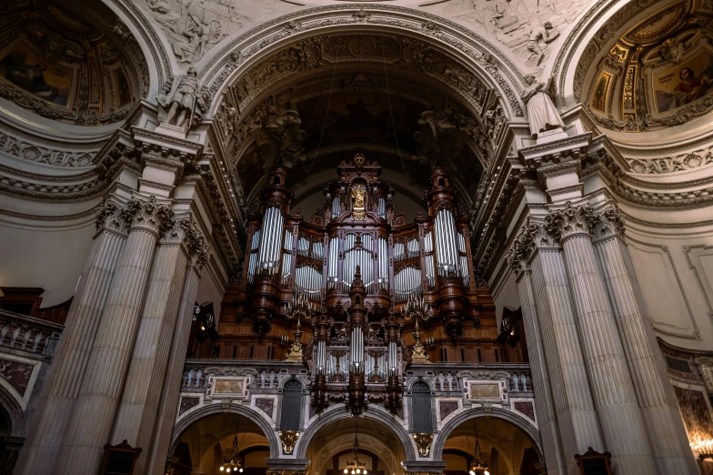 a group of people standing inside of a church, inspired by Christopher Wren, unsplash contest winner, baroque, organs, 2 5 6 x 2 5 6 pixels, pantheon, interior of a small