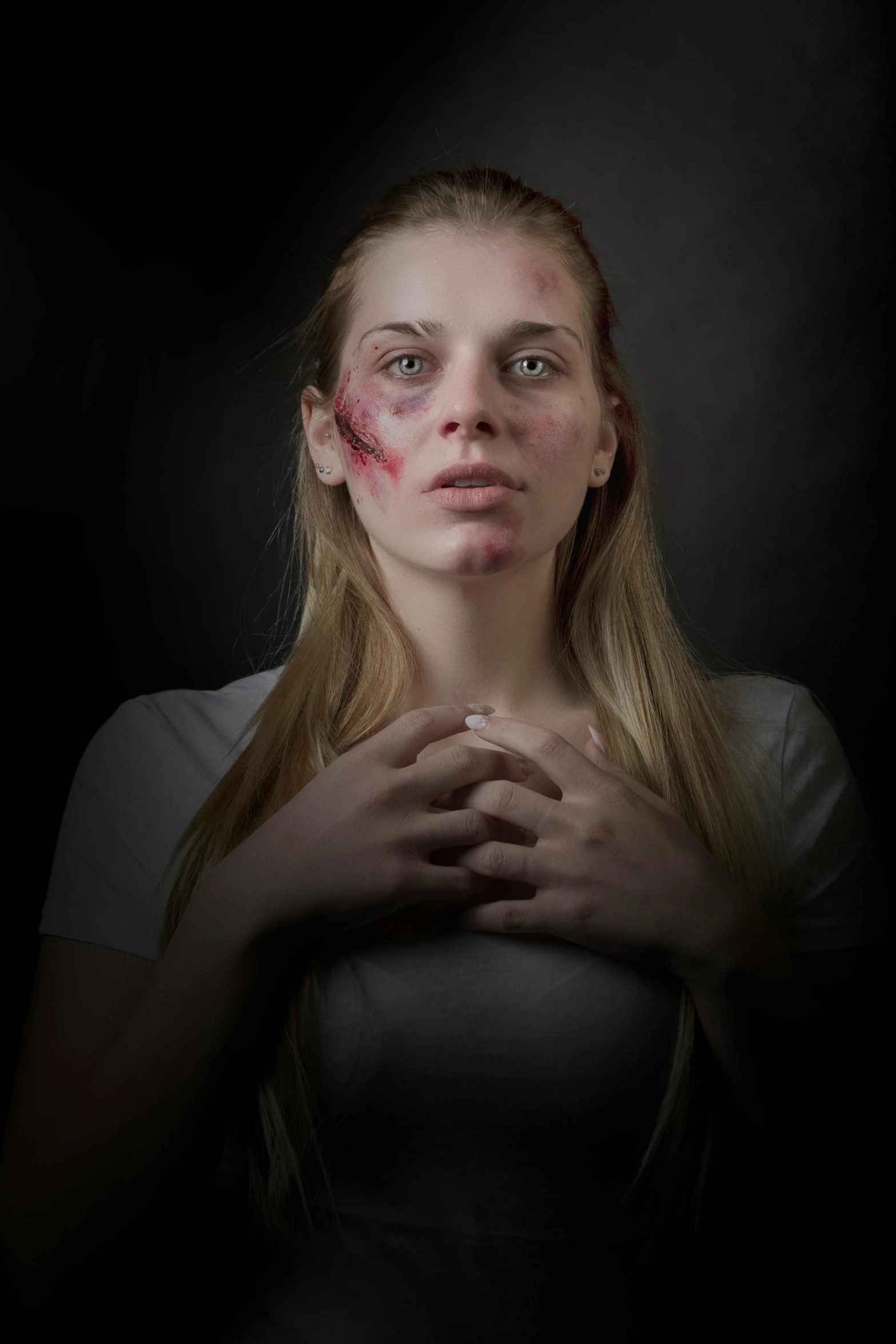 a woman with blood all over her face, inspired by Gottfried Helnwein, pexels contest winner, renaissance, bandage taped fists, young blonde woman, square, brave young girl