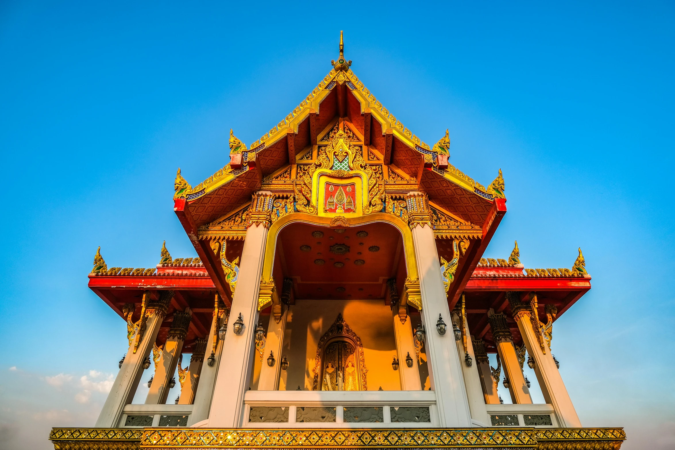 a golden temple with a blue sky in the background, a picture, pexels contest winner, art nouveau, pink golden hour, thai temple, avatar image, square