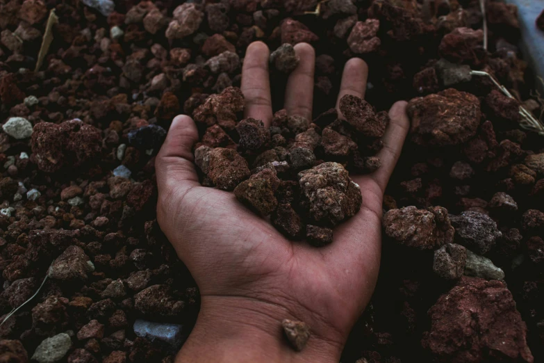 a person holding a handful of dirt in their hand, an album cover, unsplash, fantastic realism, ((rocks)), megascans, dark-skinned, ultra definition