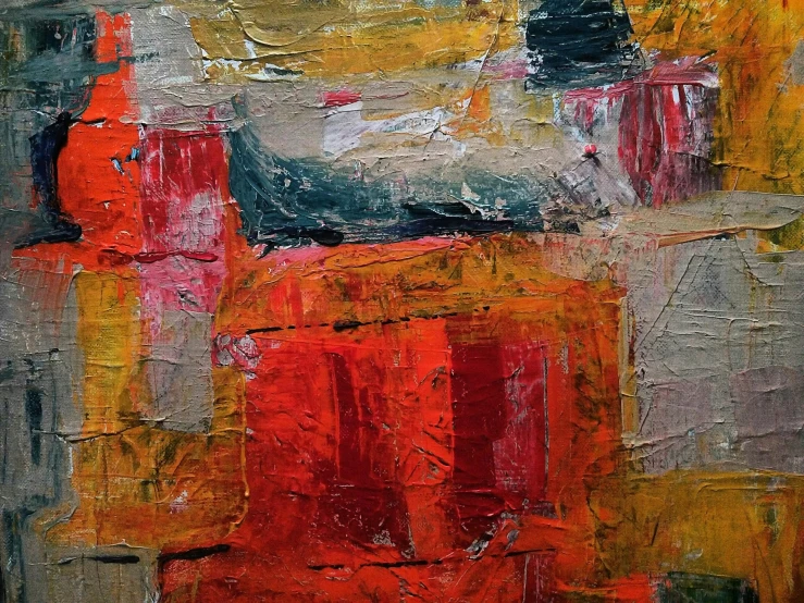 a close up of a painting of a building, by Micha Klein, pexels contest winner, abstract expressionism, patchwork, red and gold cloth, a small, painting of a room