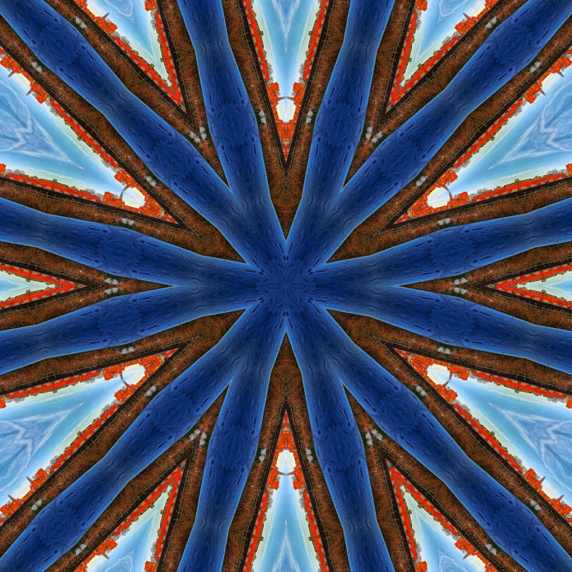 a close up of a blue and brown pattern, by Jan Rustem, flickr, centered radial design, orange and blue sky, digitalt art, colors red white blue and black