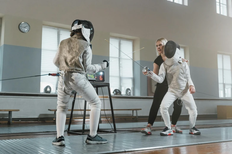 a couple of women standing next to each other on a court, by Adam Marczyński, pexels contest winner, interactive art, fencing, foil, 15081959 21121991 01012000 4k, youtube thumbnail