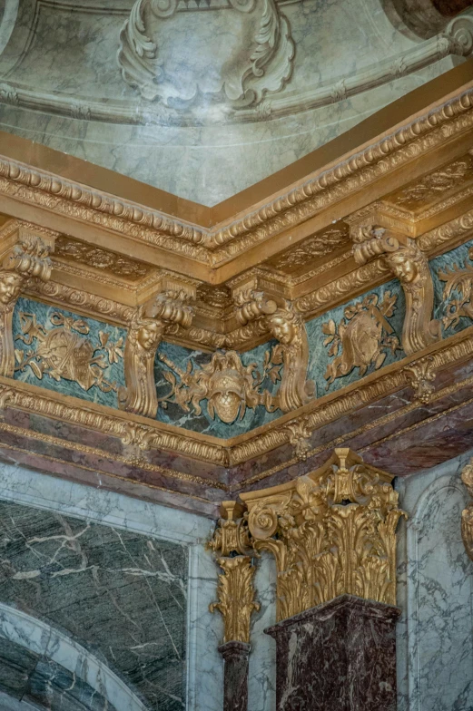 a clock hanging from the ceiling of a building, by Robert Griffier, rococo, gold and teal color scheme, marbled columns, fra