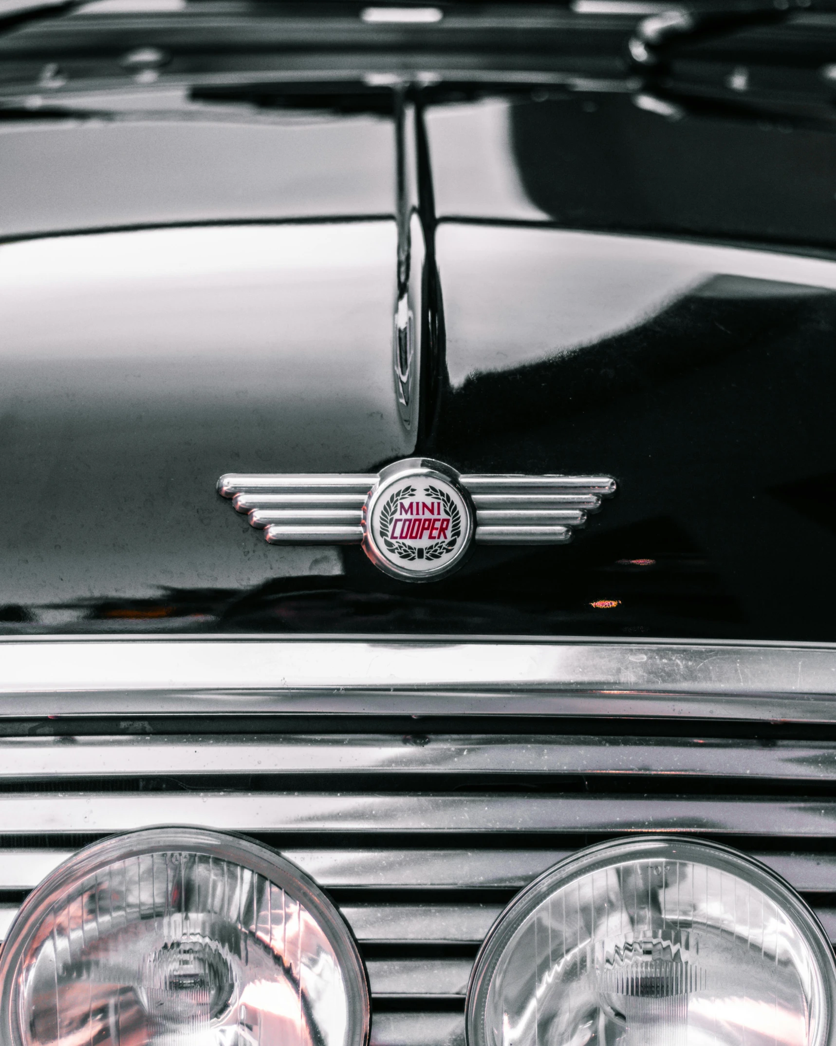 a close up of the front end of a car, by IAN SPRIGGS, pexels contest winner, hypermodernism, mini cooper, heart emblem on chest, wings spreading, instagram story