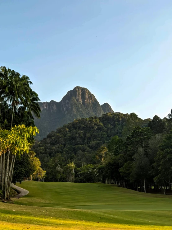 a golf course with a mountain in the background, sumatraism, exterior botanical garden, sun overhead, jungle clearing, lit up